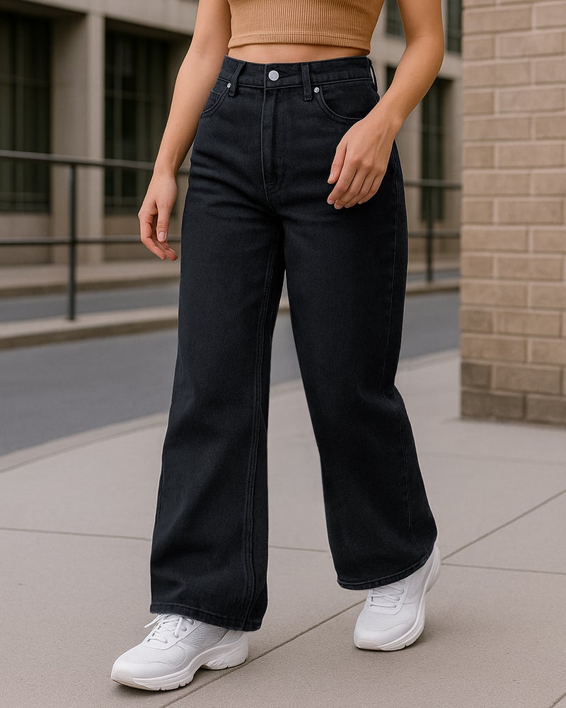 bewakoof Women's Black Baggy Straight Fit Jeans - Image 1